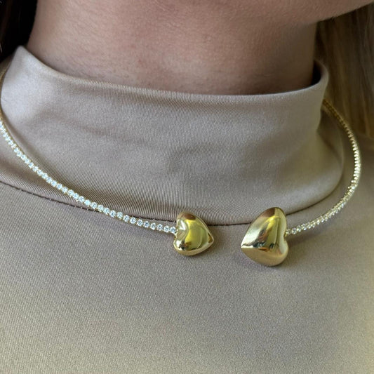Conjunto Colar Pulseira Cravejado Zircônia Coração Liso