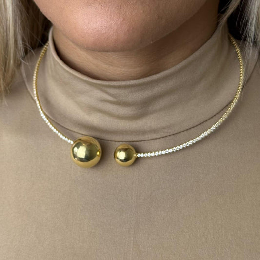 Conjunto Colar Pulseira Cravejado Zircônia Bola Lisa